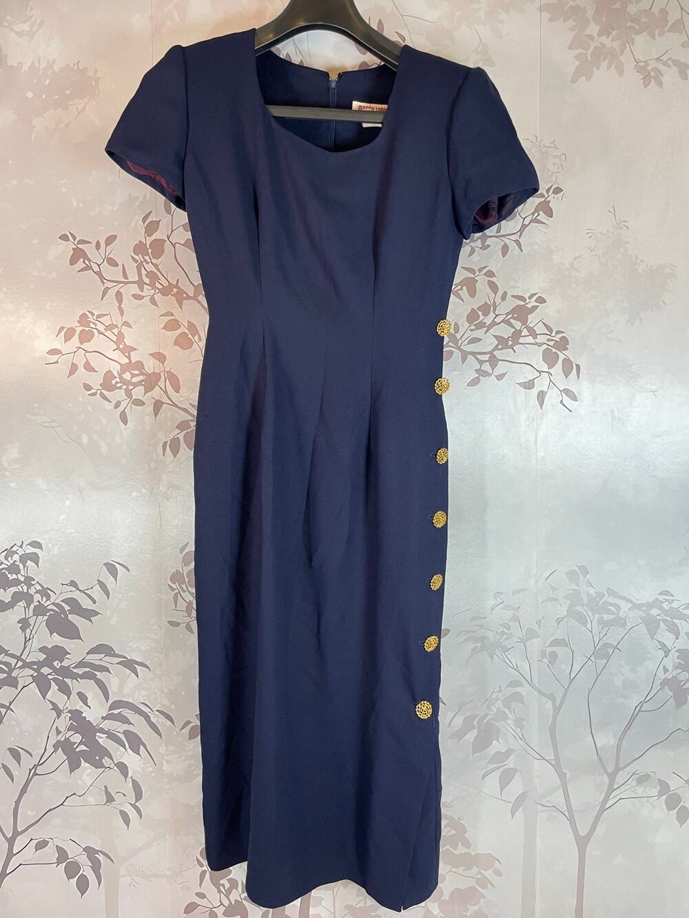 Maggy London Petites Vintage Sheath Midi Dress Navy Blue Gold Side Buttons 6P